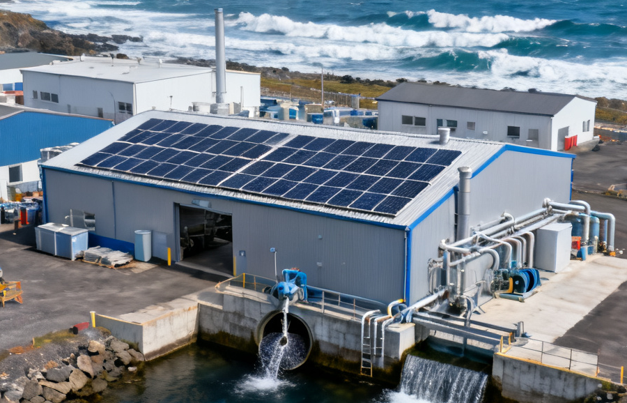 AI generated image of a modern fish processing plant by the Atlantic coast