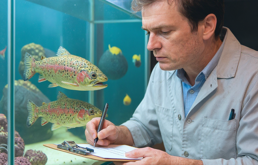 A focused marine biologist inspecting vibrant rainbow trout in a clear aquatic tank with a clipboard